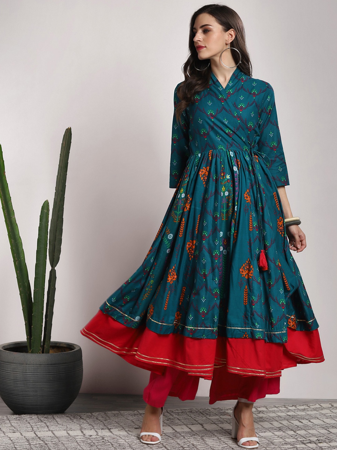 

Sangria Green & Pink Printed Anarkali Kurta