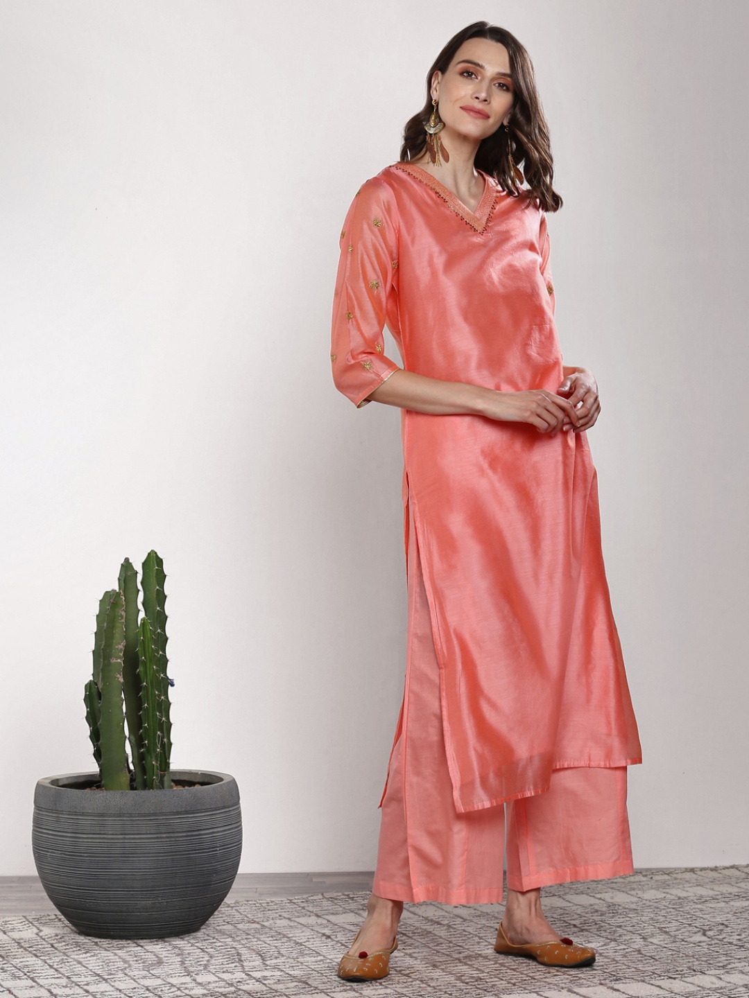 

Sangria Women Peach-Coloured Embroidered Kurta with Palazzos & Dupatta