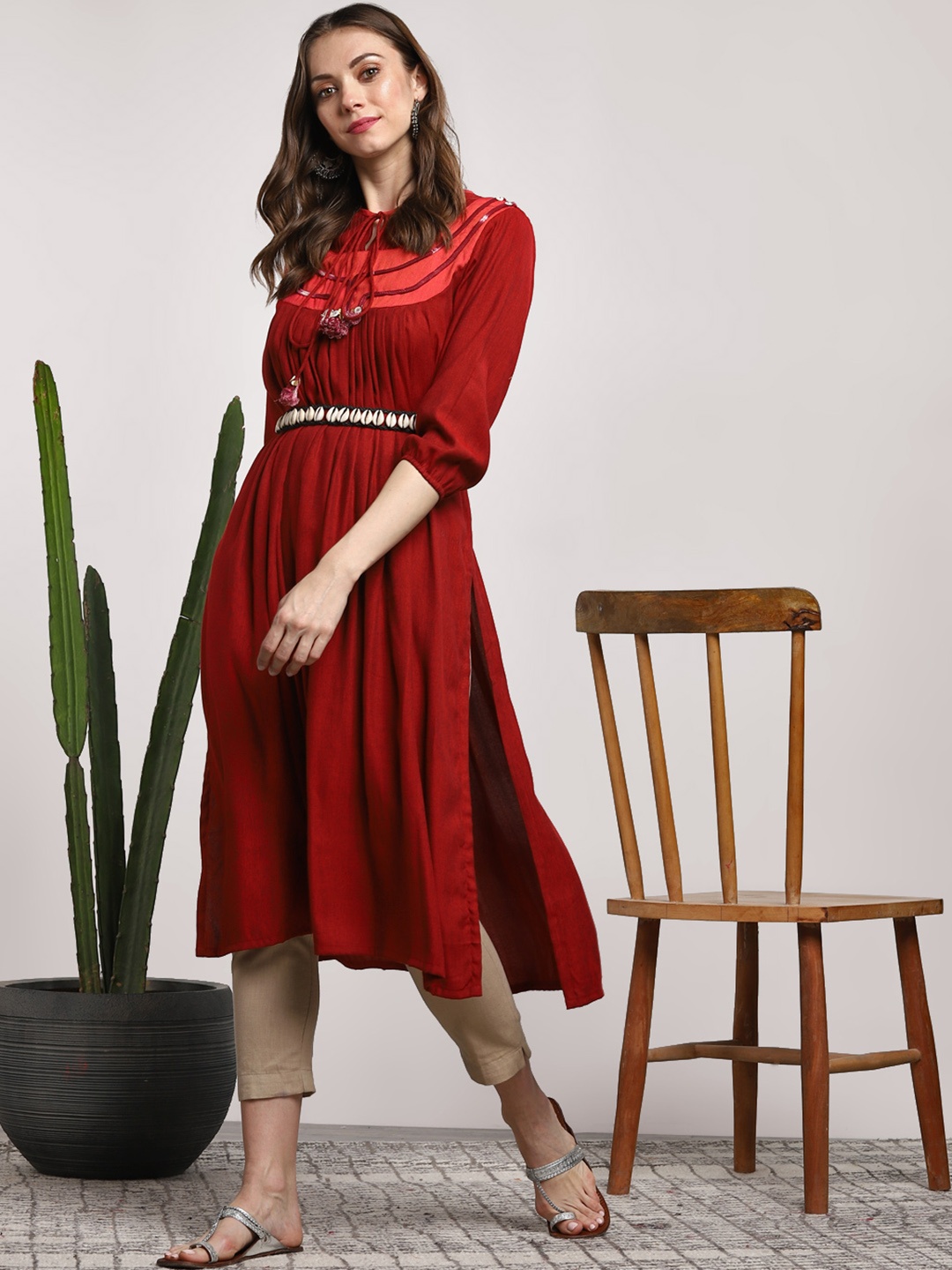 

Sangria Women Maroon Solid A-Line Kurta