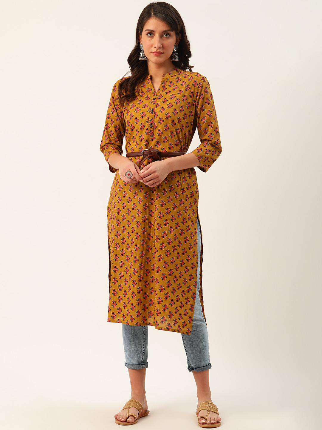 

Sangria Women Mustard Brown & Pink Pure Cotton Printed Straight Kurta