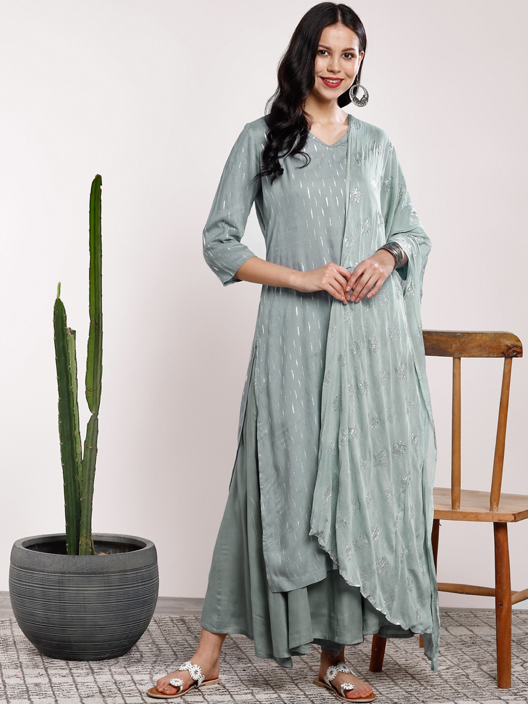 

Sangira Women Grey Printed Kurta With Palazzo & Dupatta