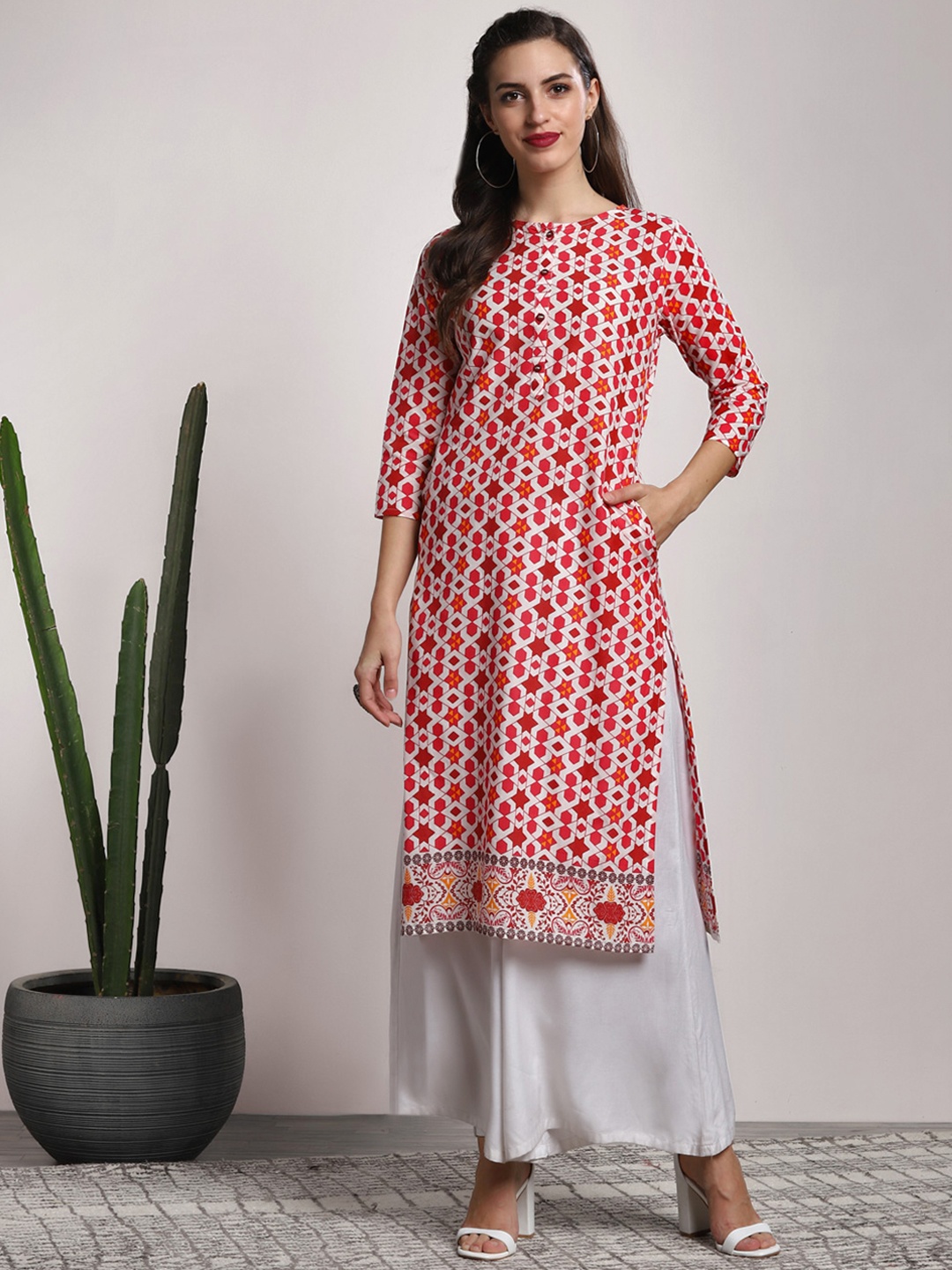 

Sangria Women Pink & Off-White Neon Geometric Printed Straight Kurta