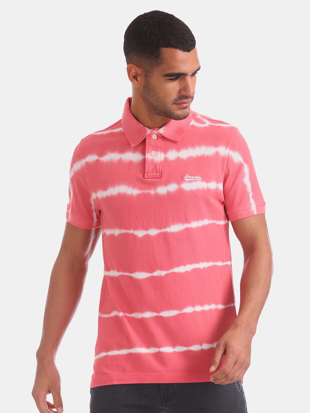 

Aeropostale Men Pink Dyed Polo Collar T-shirt