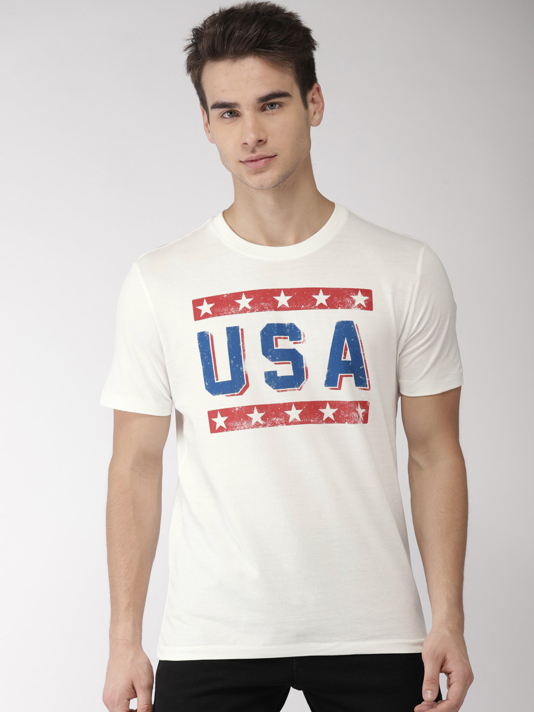 

Aeropostale Men White Blue Printed Round Neck Pure Cotton T-shirt
