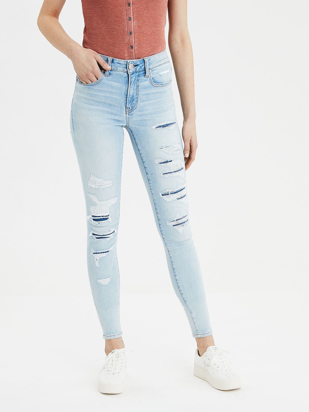 

AMERICAN EAGLE OUTFITTERS Women Blue Jeggings Fit High-Rise Distressed Stretchable Jeans