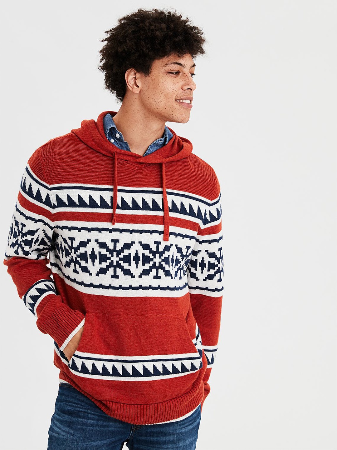 

AMERICAN EAGLE OUTFITTERS Men Rust Red Self Design Hooded Pullover