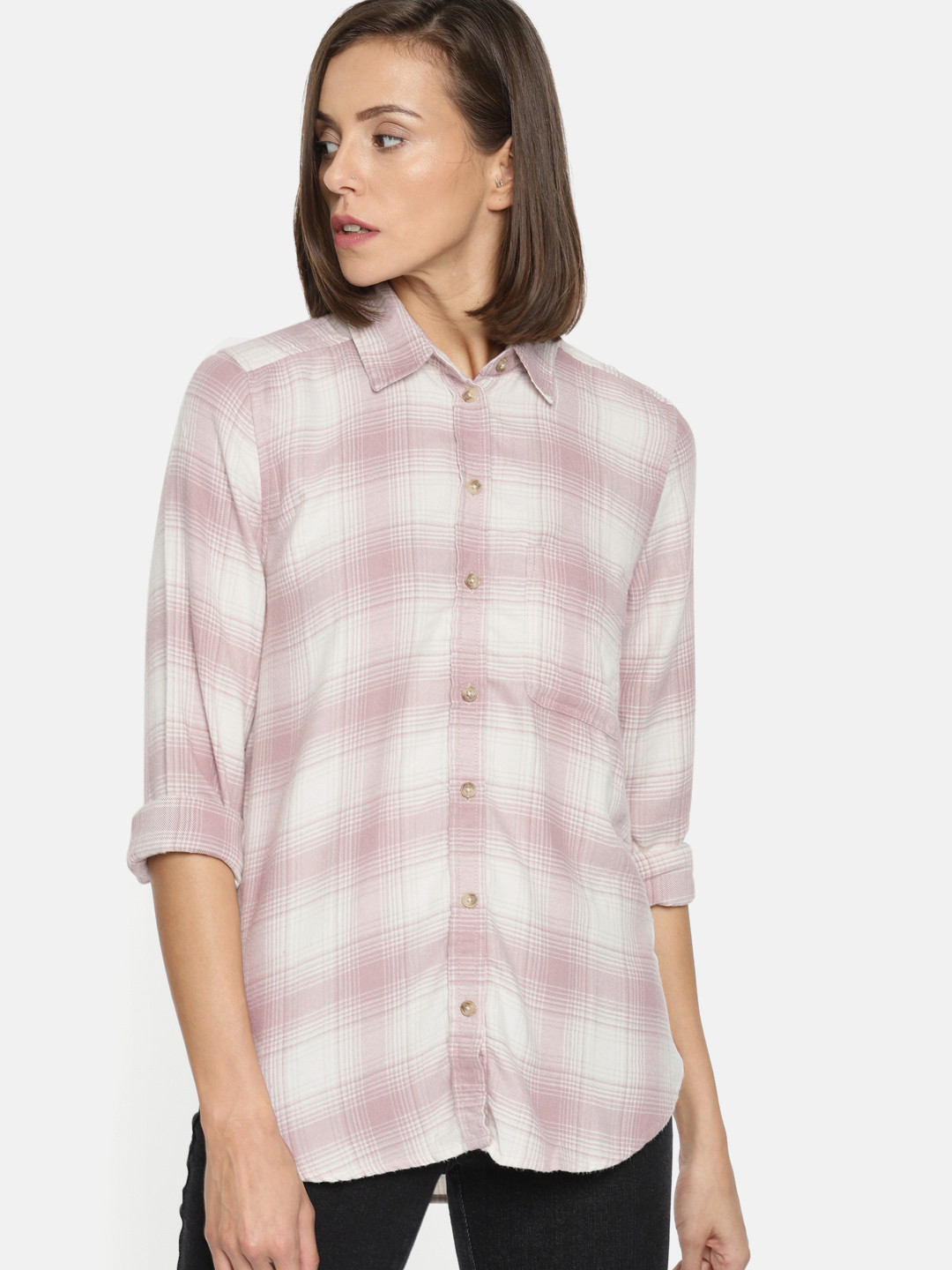 

AMERICAN EAGLE OUTFITTERS Women Mauve & Off-White Boyfriend Fit Checked Casual Shirt