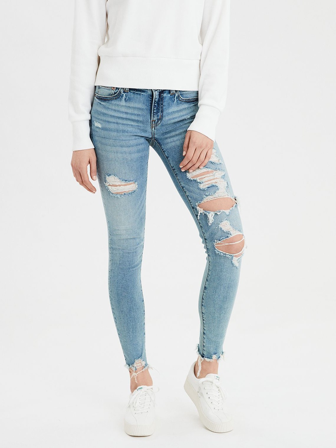 

AMERICAN EAGLE OUTFITTERS Women Blue Jeggings Fit Low-Rise Distressed Stretchable Jeans