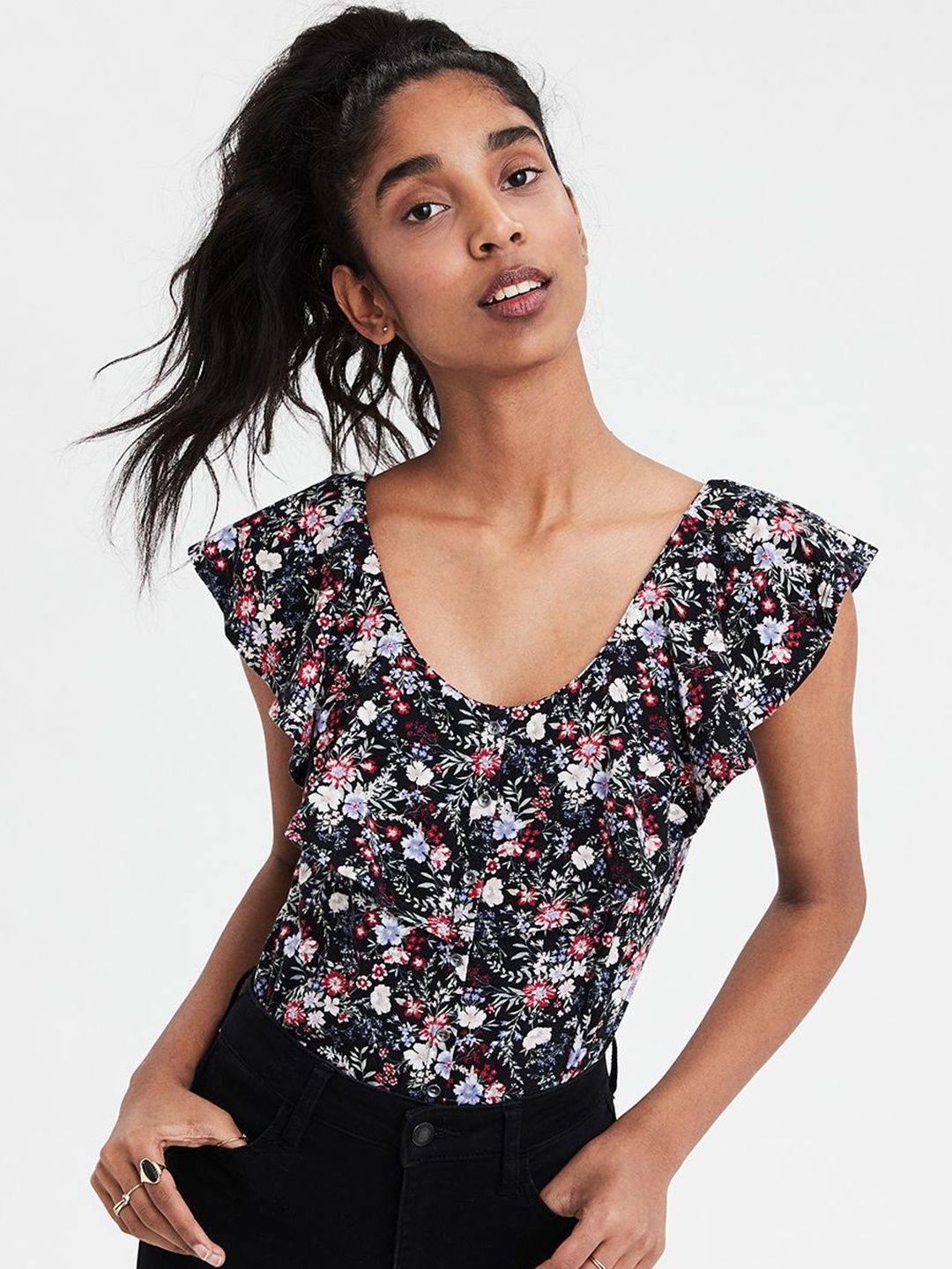 

AMERICAN EAGLE OUTFITTERS Women Black Printed Regular Pure Cotton Top