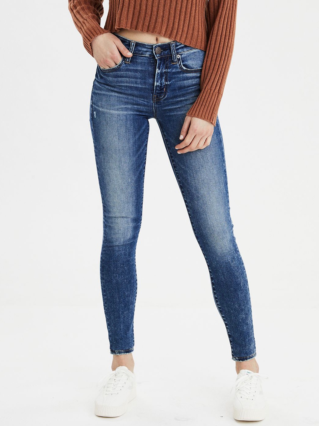 

AMERICAN EAGLE OUTFITTERS Women Blue Regular Fit Mid-Rise Clean Look Stretchable Jeans