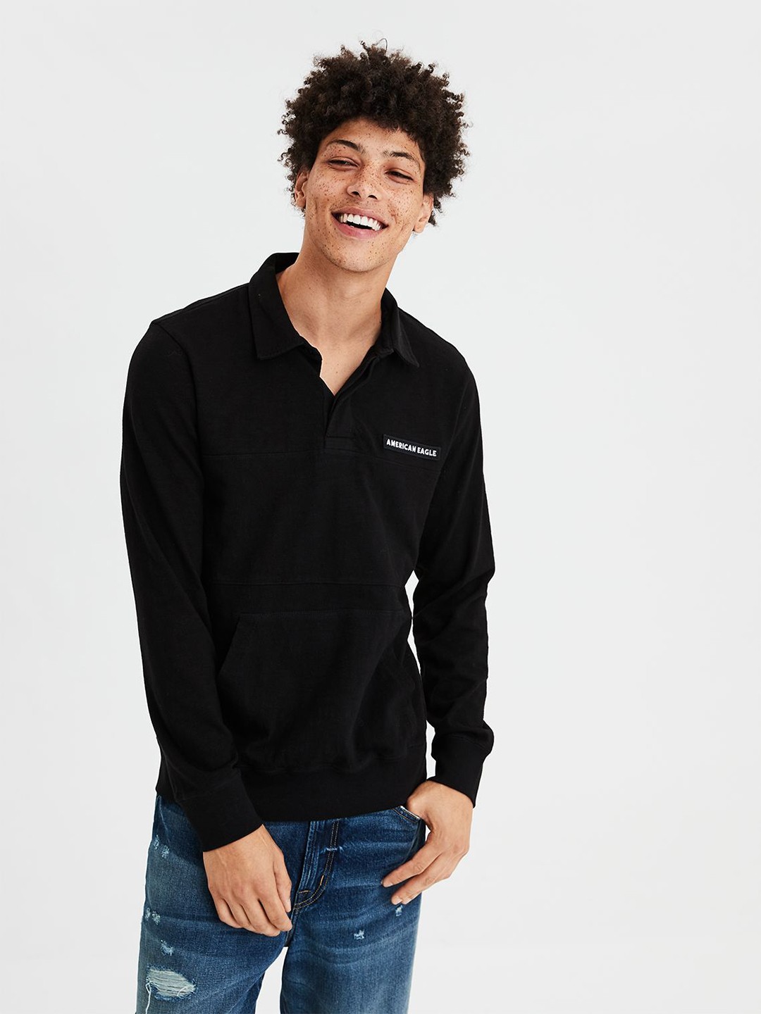 

AMERICAN EAGLE OUTFITTERS Men Black Solid Polo Collar Pure Cotton T-shirt