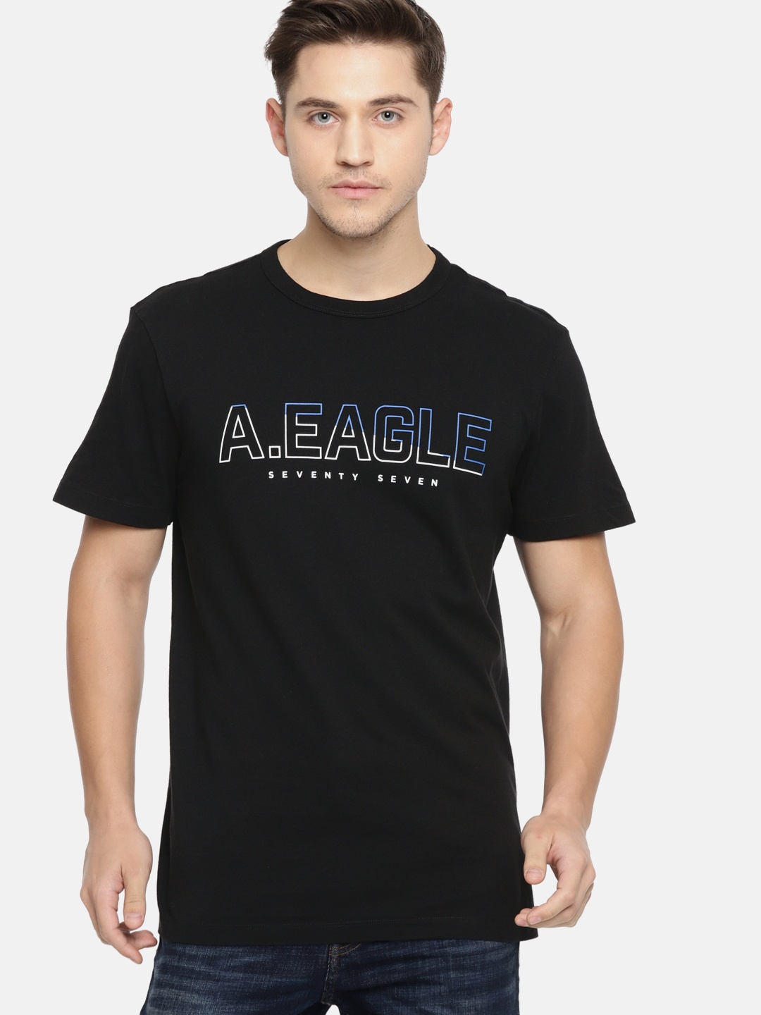 

AMERICAN EAGLE OUTFITTERS Men Standard Fit Black Printed Round Neck Pure Cotton T-shirt