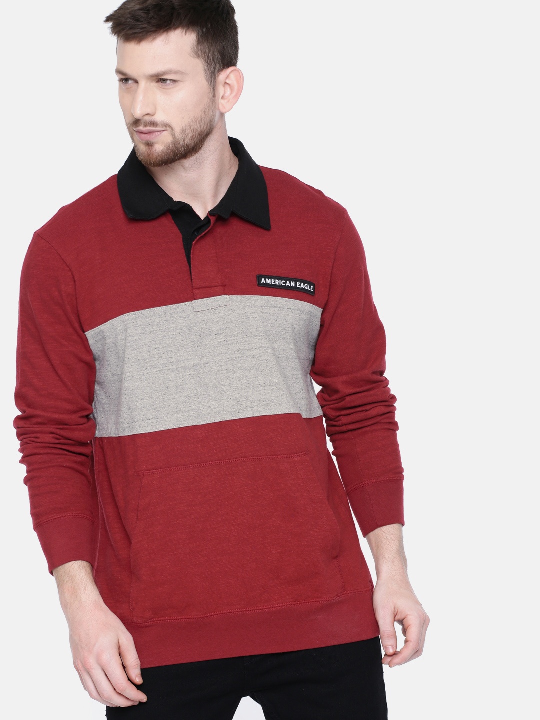 

AMERICAN EAGLE OUTFITTERS Men Red Colourblocked Polo Collar Pure Cotton T-shirt