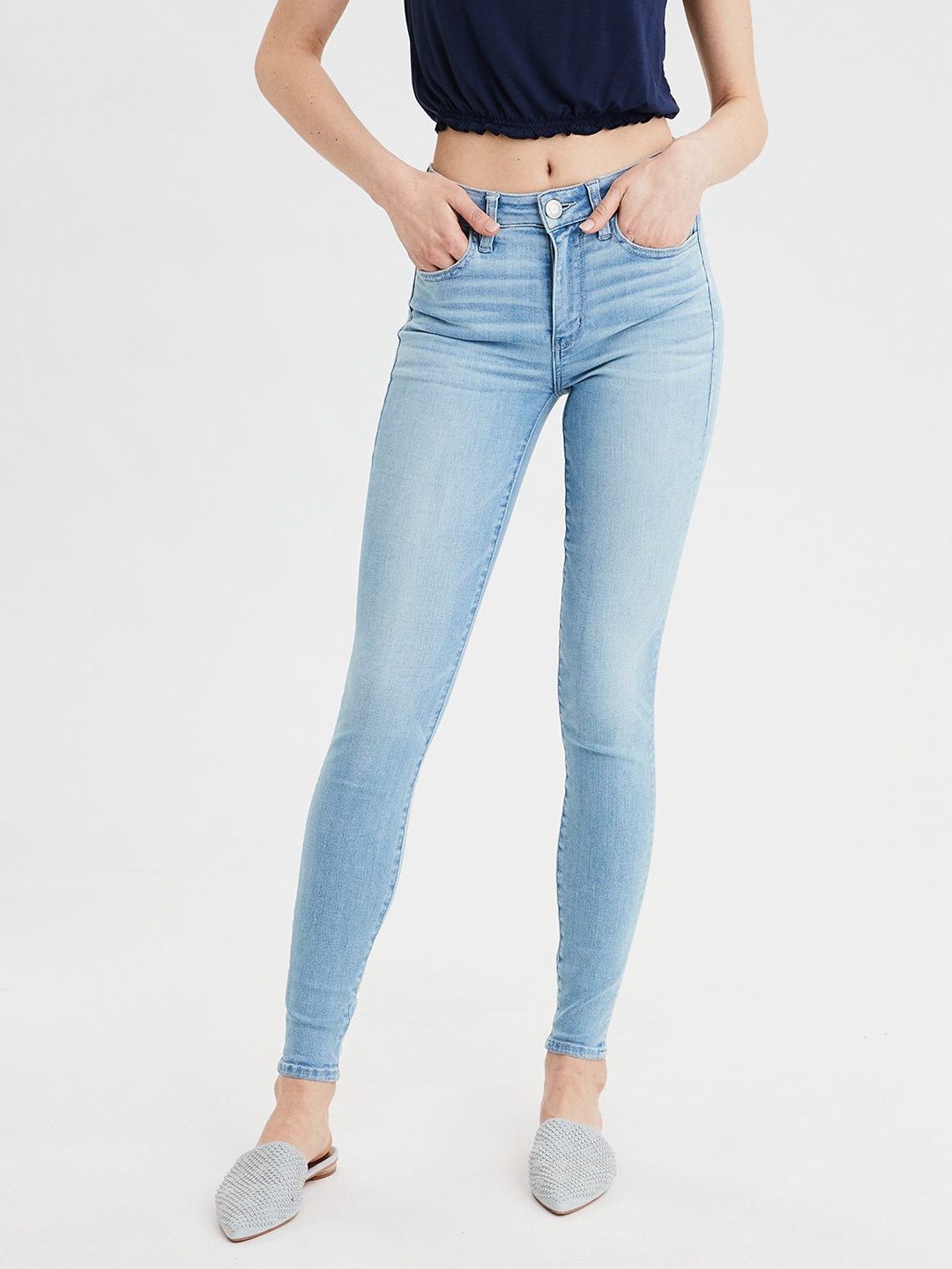 

AMERICAN EAGLE OUTFITTERS Women Blue jeggings Fit Low-Rise Clean Look Stretchable Jeans