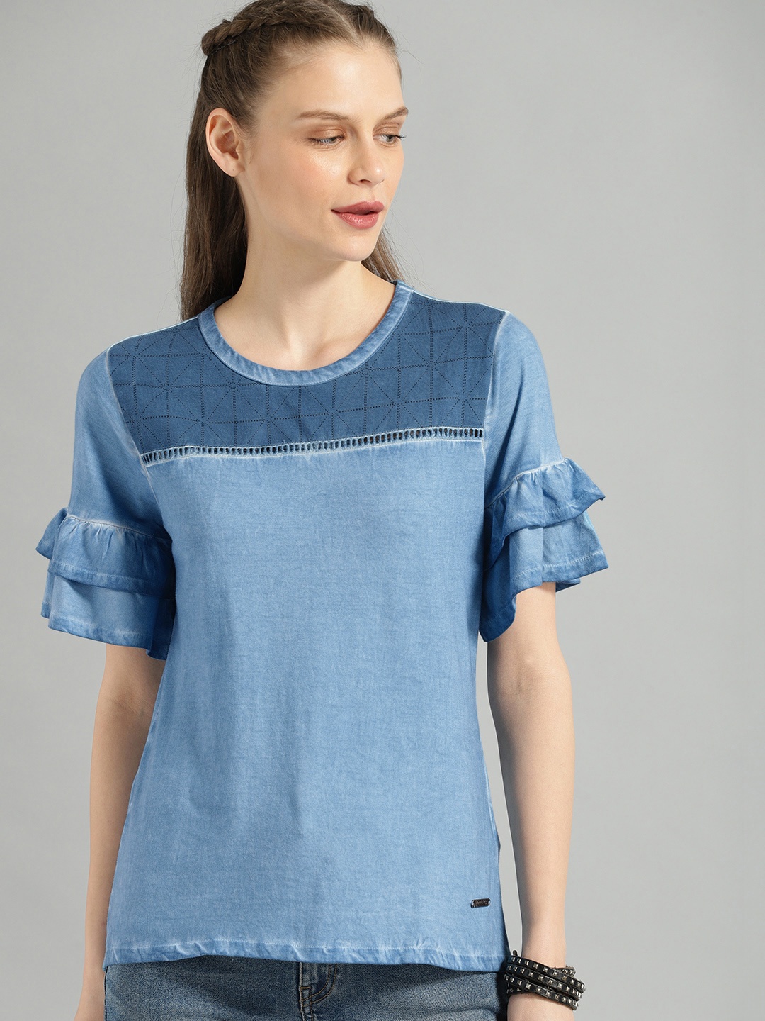 

Roadster Women Blue Solid Cut Out Detail Pure Cotton Top