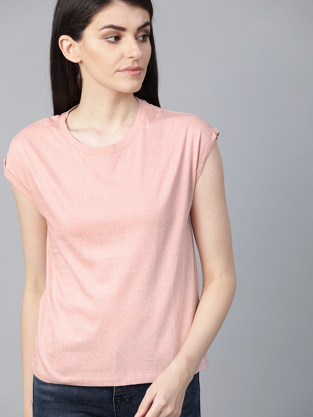 

Roadster Women Pink White Printed Round Neck Pure Cotton T-shirt