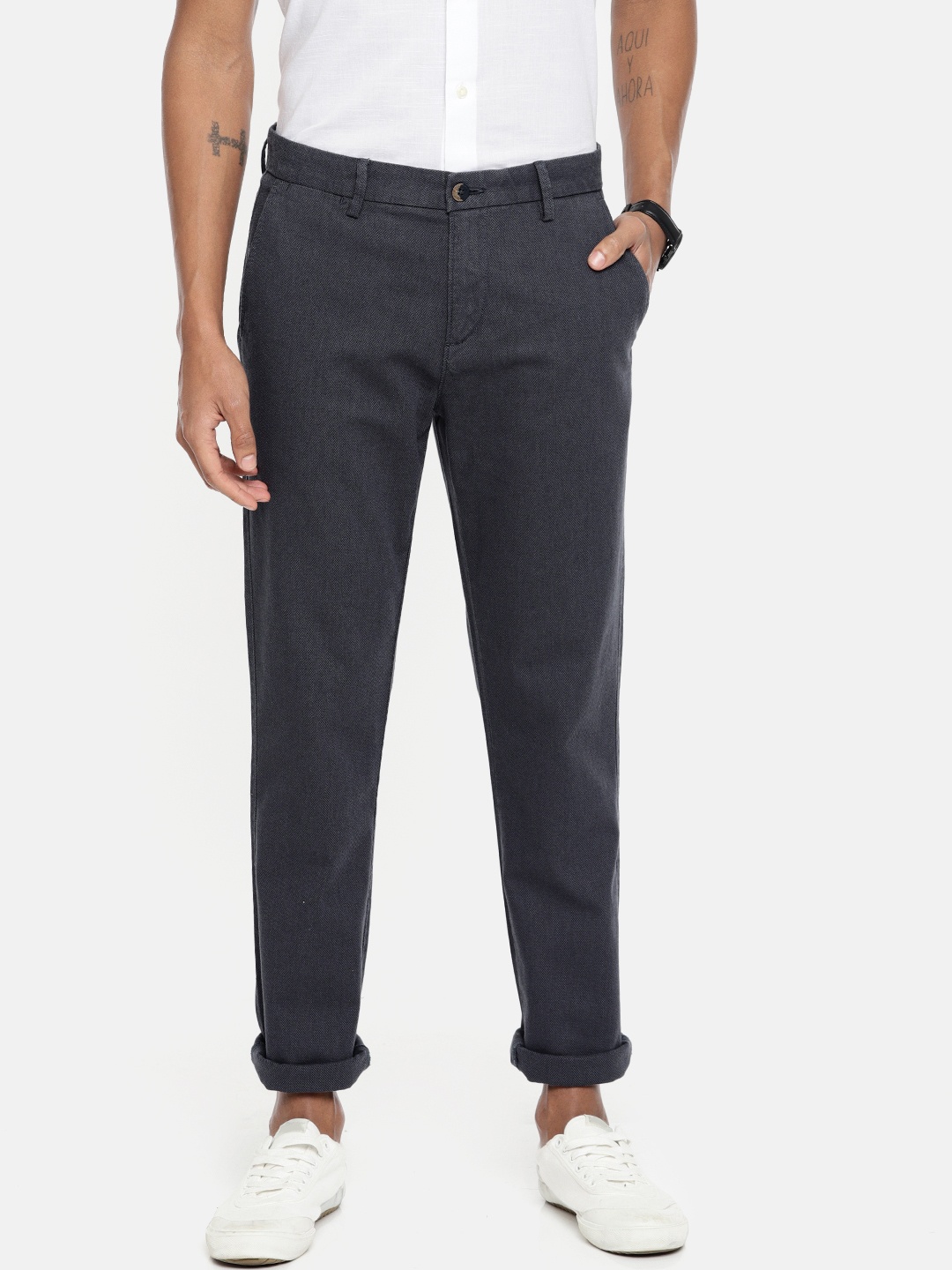 

U.S. Polo Assn. Men Navy Blue Slim Fit Self Design Regular Trousers