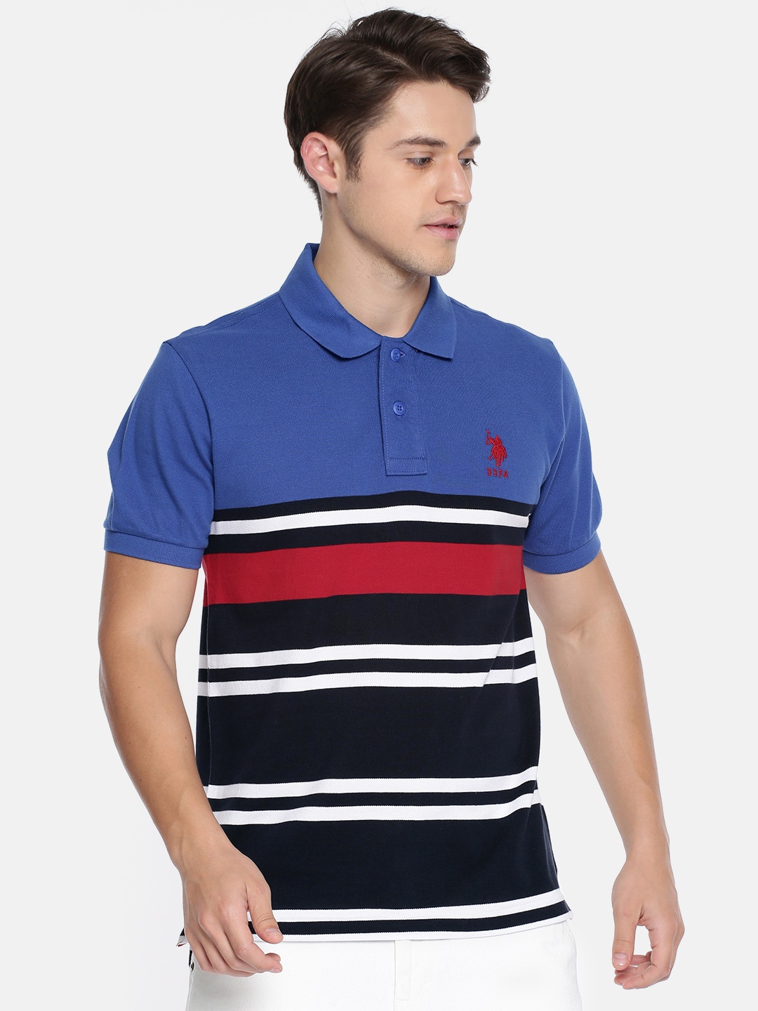 

U.S. Polo Assn. Men Multicoloured Striped Polo Collar Pure Cotton T-shirt, Multi