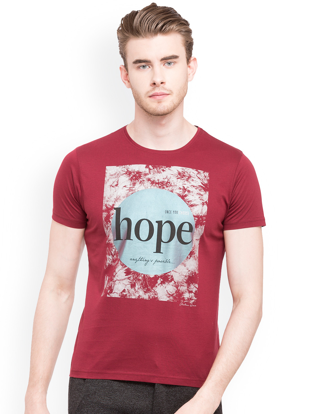 

Status Quo Men Maroon Printed Round Neck Pure Cotton T-shirt