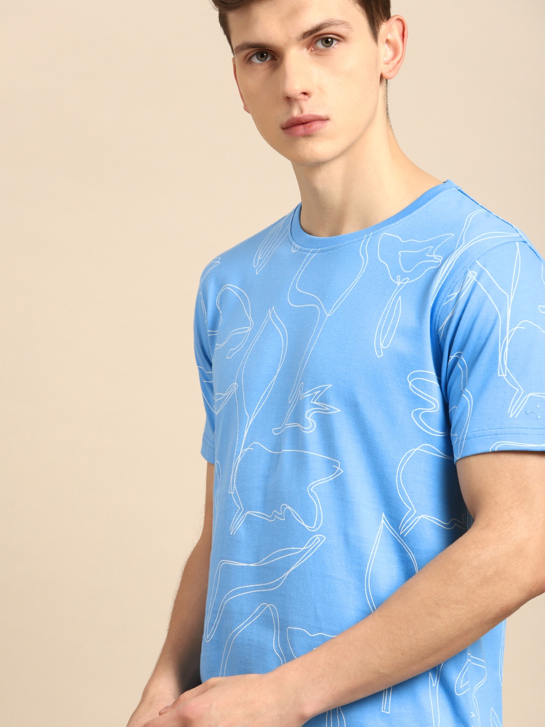 

ether Men Blue White Printed Round Neck Pure Cotton T-shirt