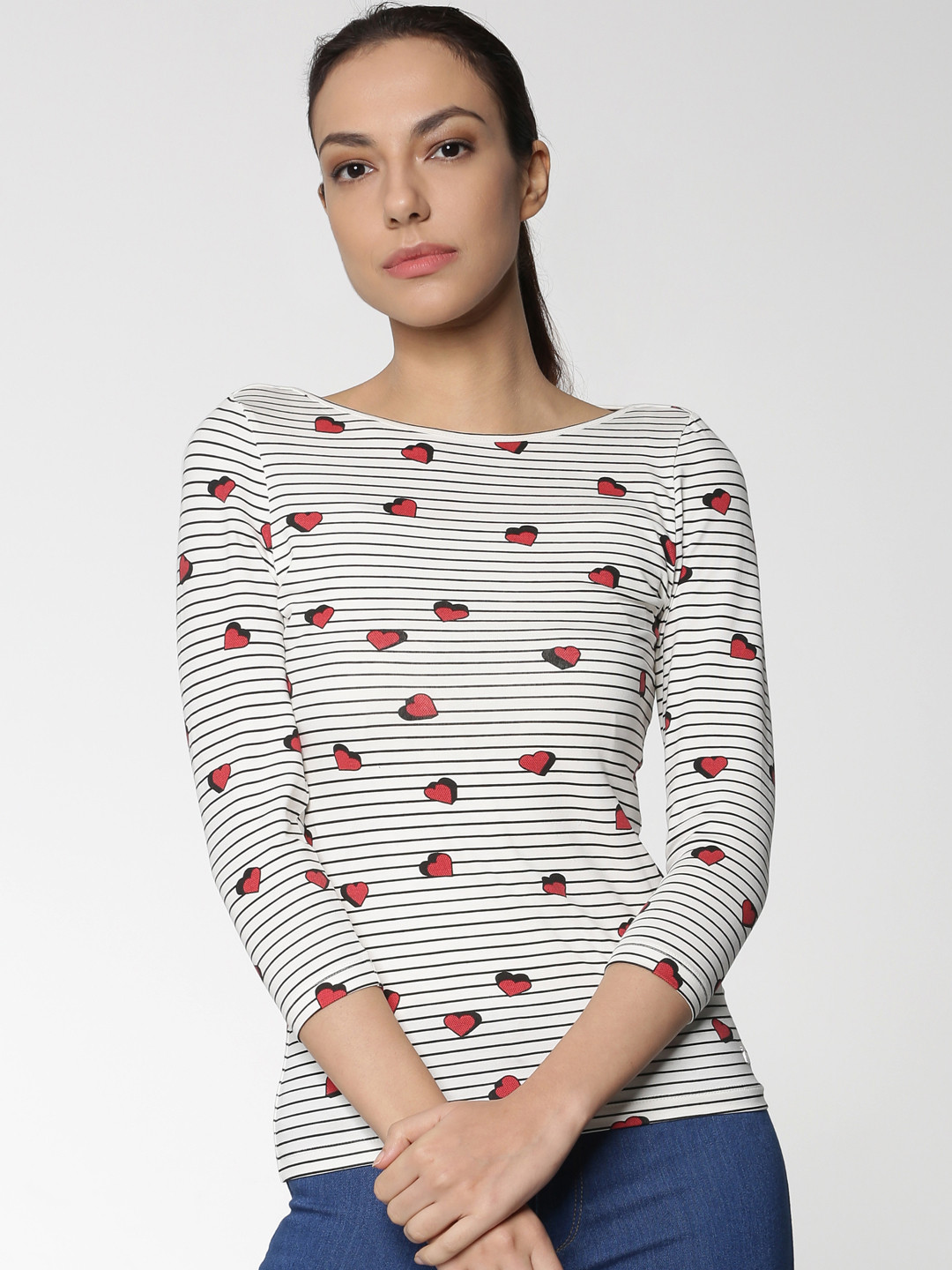 

ONLY Women White Striped Boat Neck T-shirt