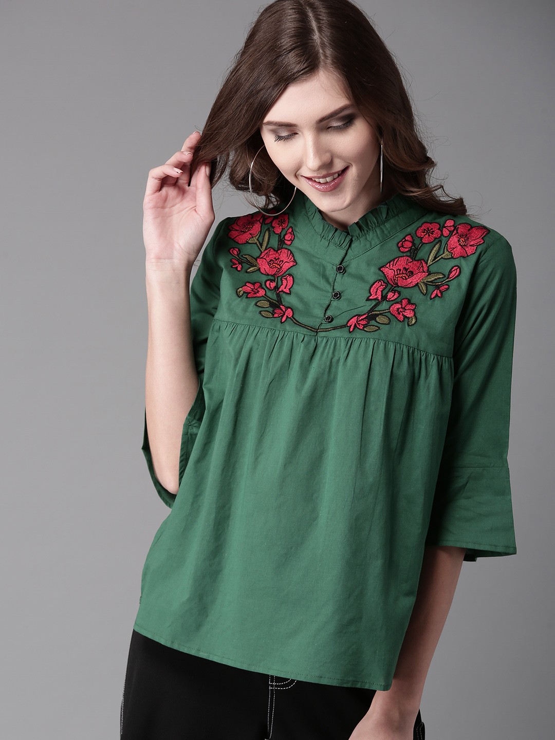 

HERE&NOW Women Green Solid A-Line Pure Cotton Top