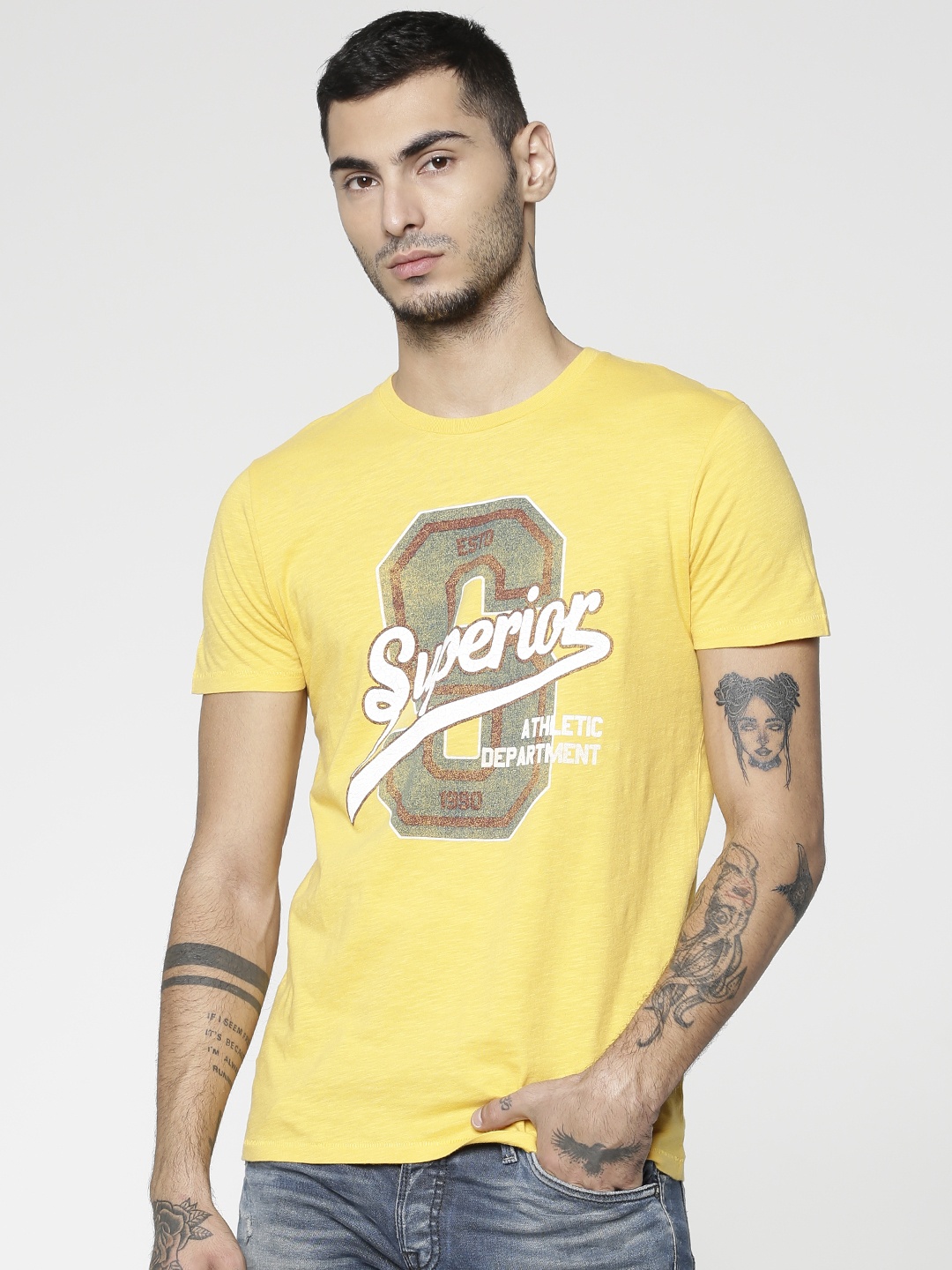 

Jack & Jones Men Yellow Printed Round Neck T-shirt