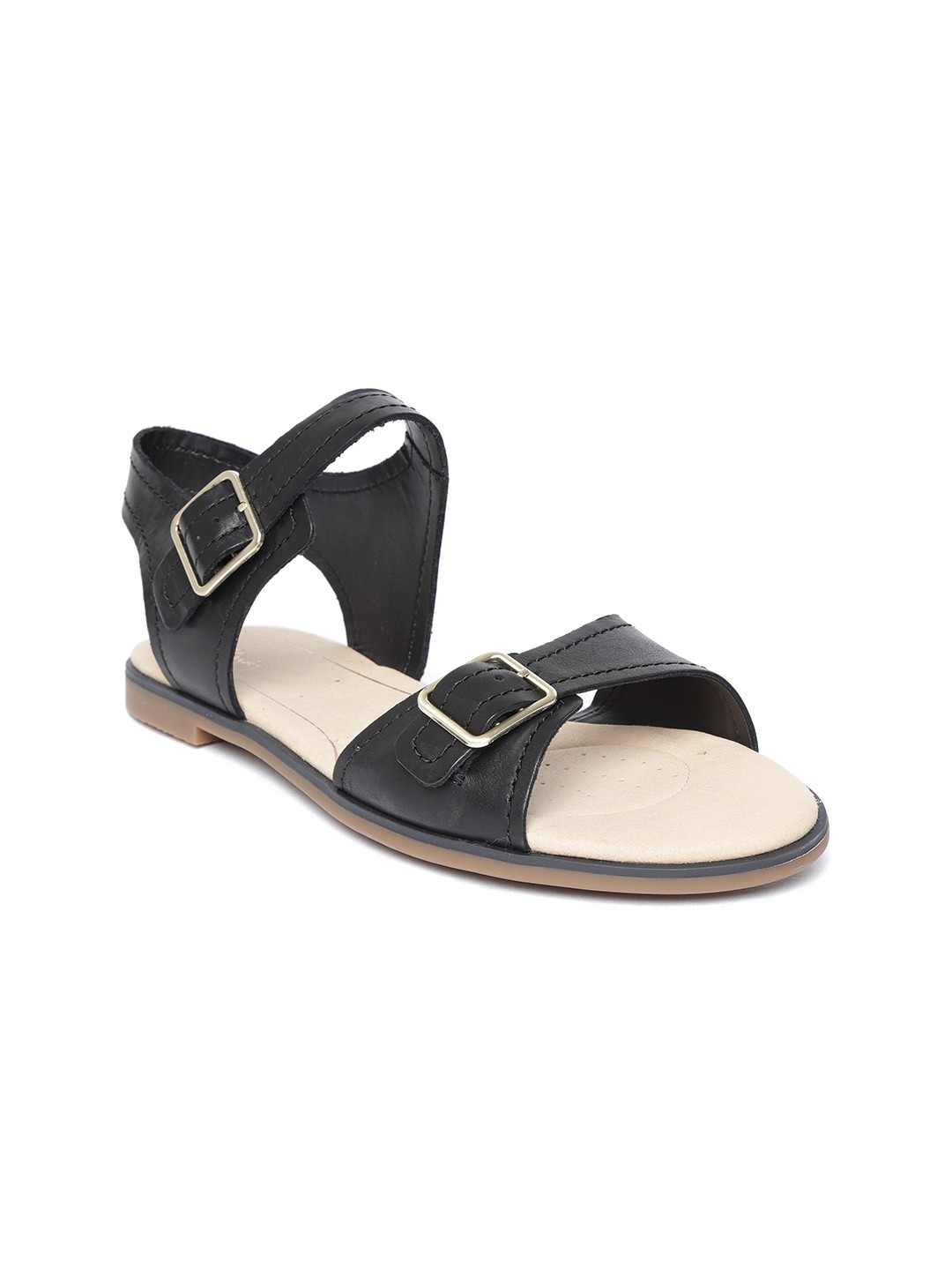 

Clarks Women Black Solid Leather Open Toe Flats