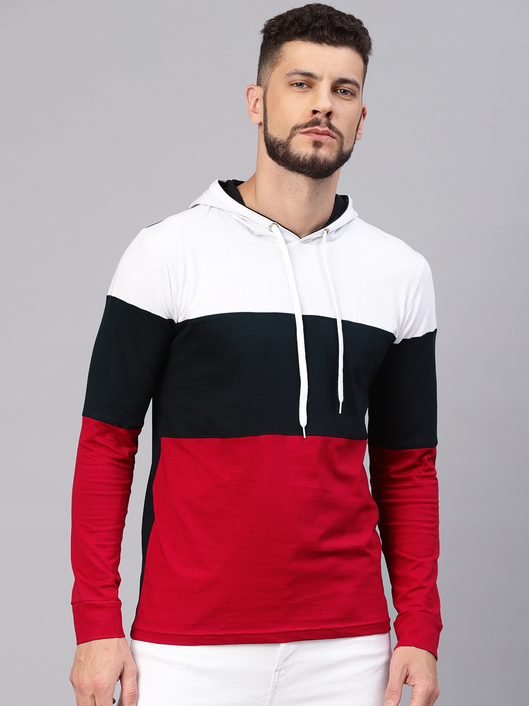 

Maniac Men White Black Colourblocked Slim Fit Hooded Pure Cotton T-shirt