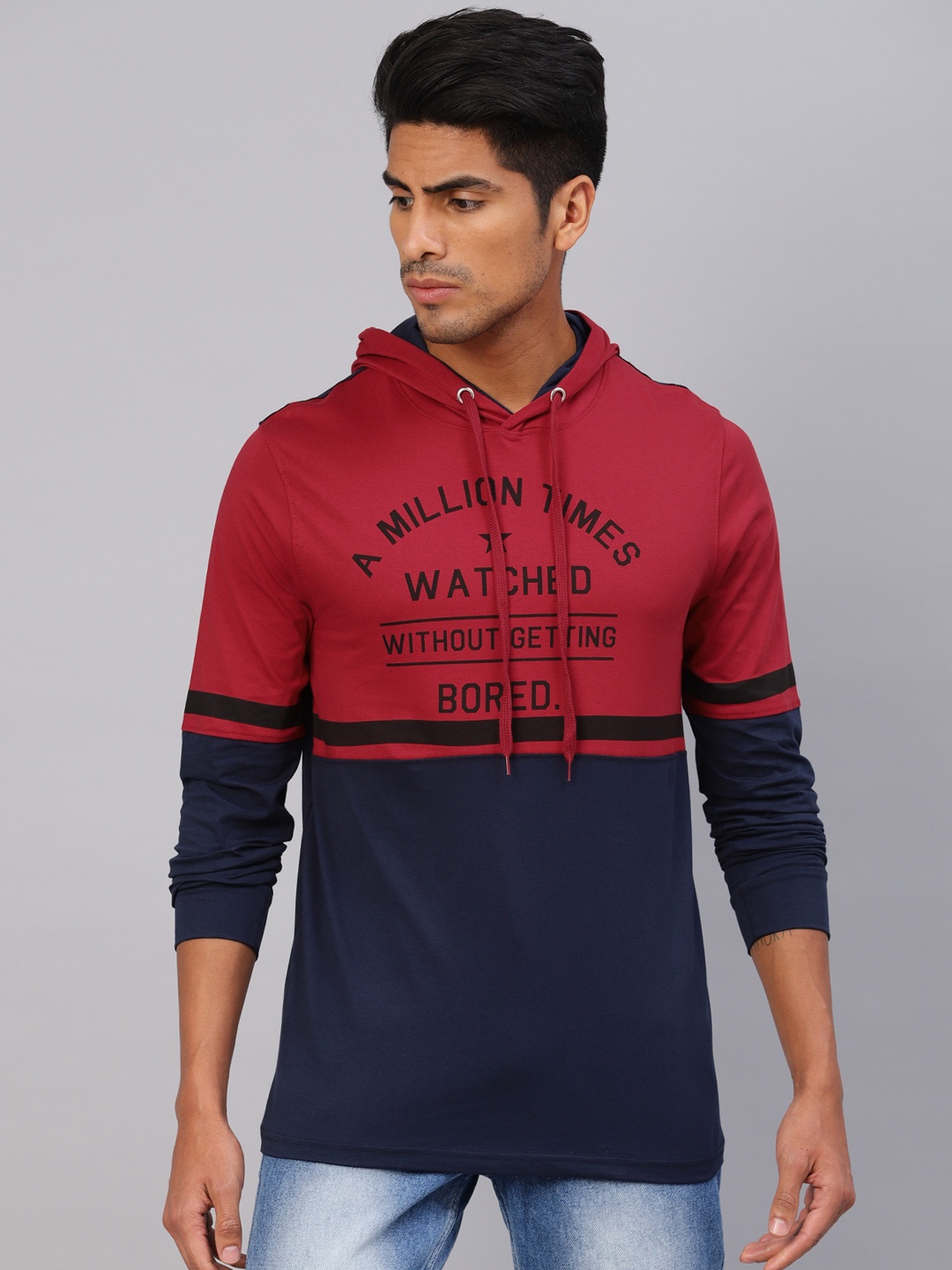 

Maniac Men Red Navy Blue Colourblocked Slim Fit Hooded Pure Cotton T-shirt