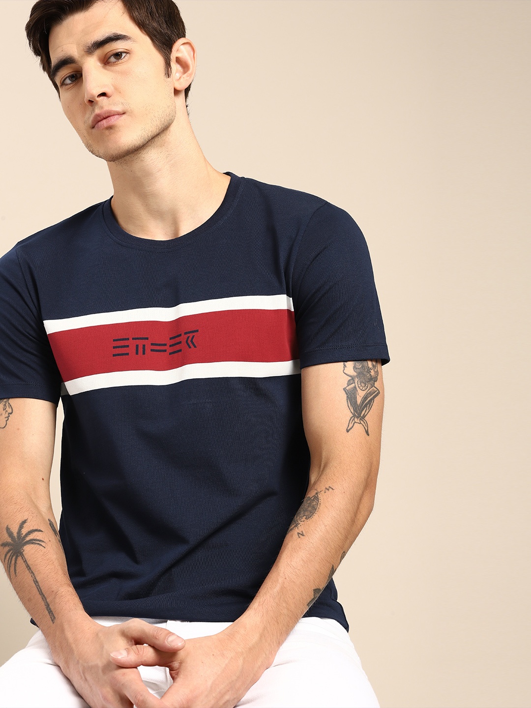 

ether Men Navy Red Striped Round Neck Pure Cotton T-shirt, Navy blue