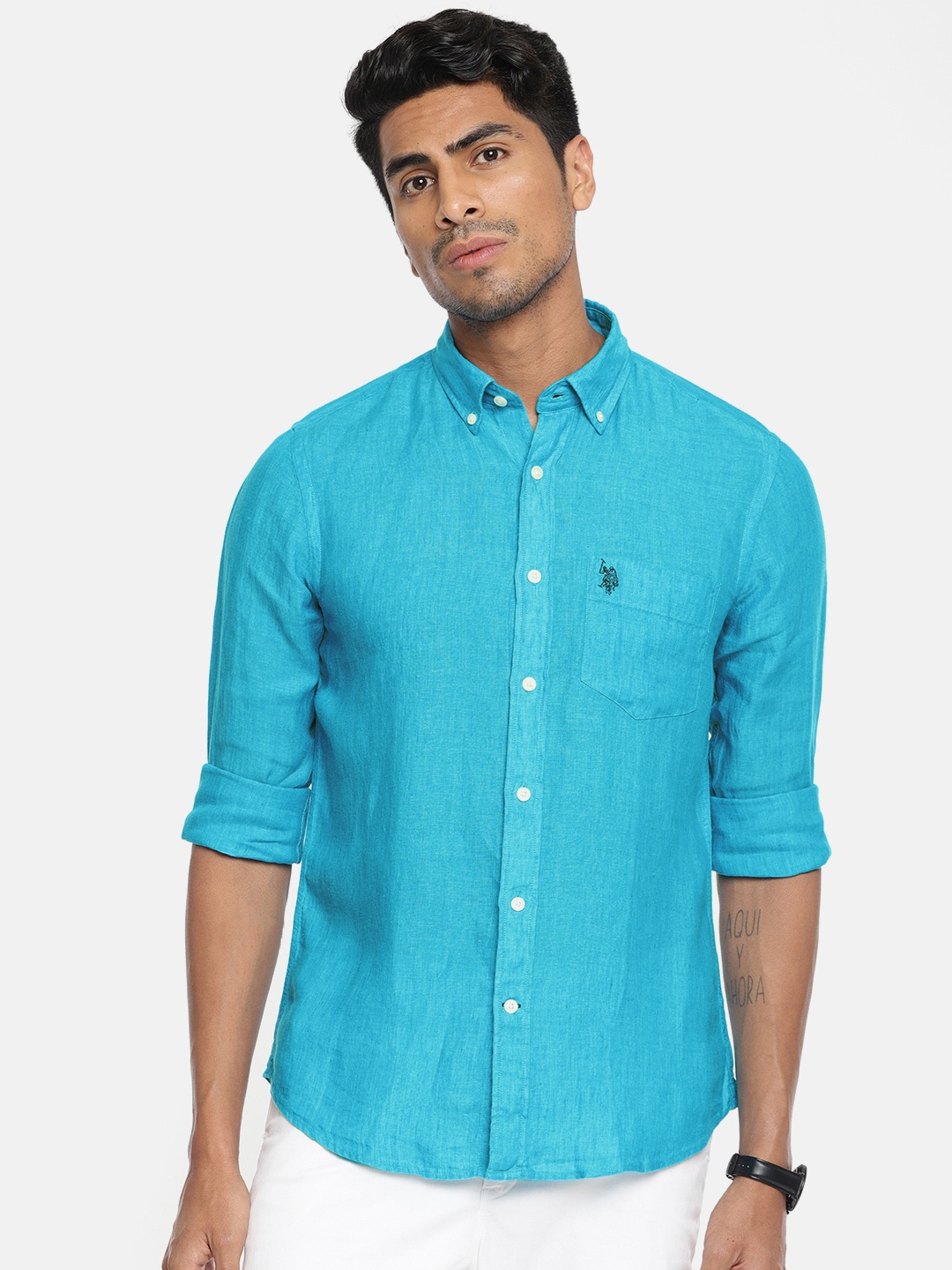 

U.S. Polo Assn. Men Turquoise Blue Tailored Fit Solid Casual Linen Shirt