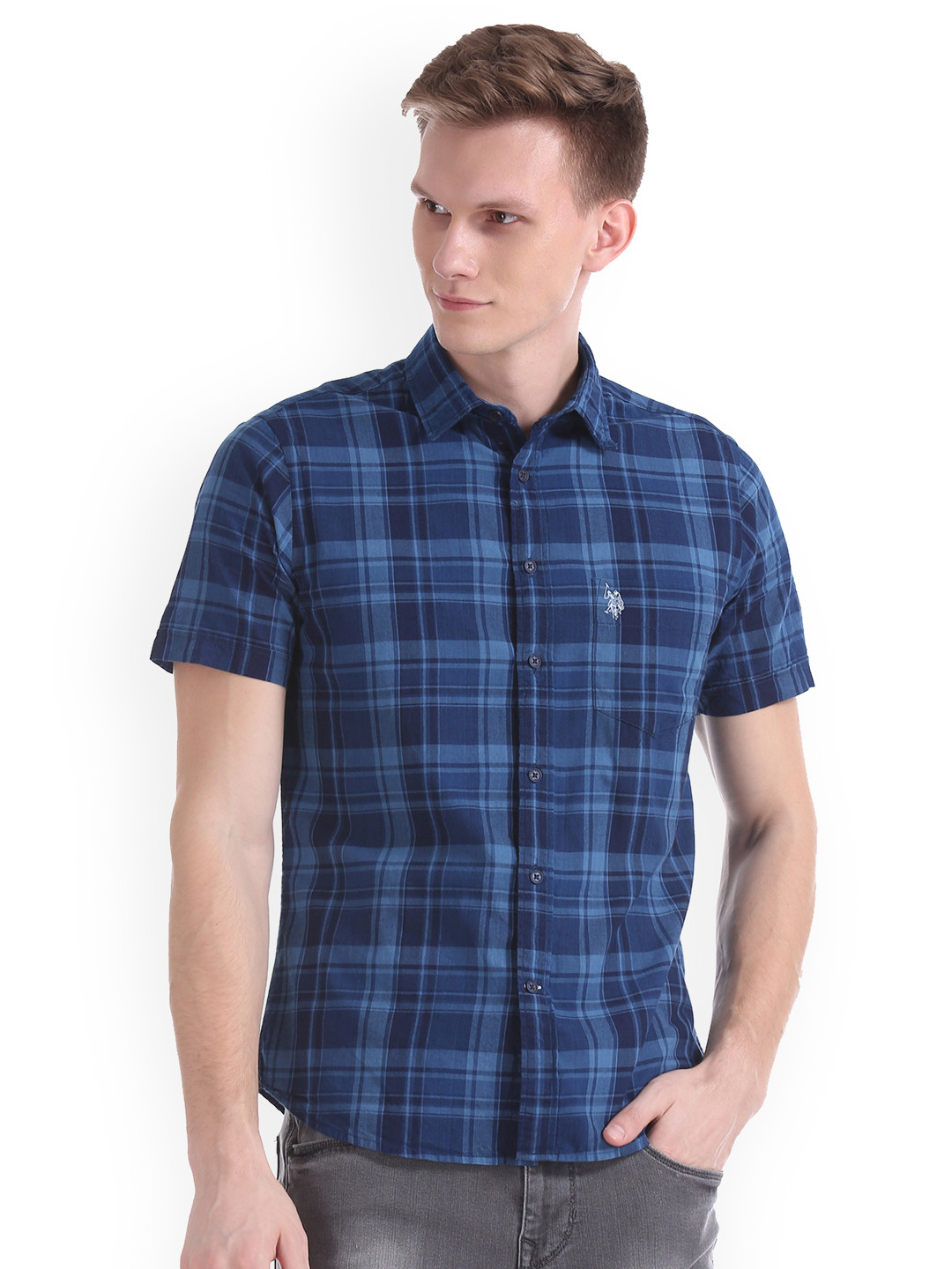 

U.S. Polo Assn. Men Navy Blue Regular Fit Checked Casual Shirt