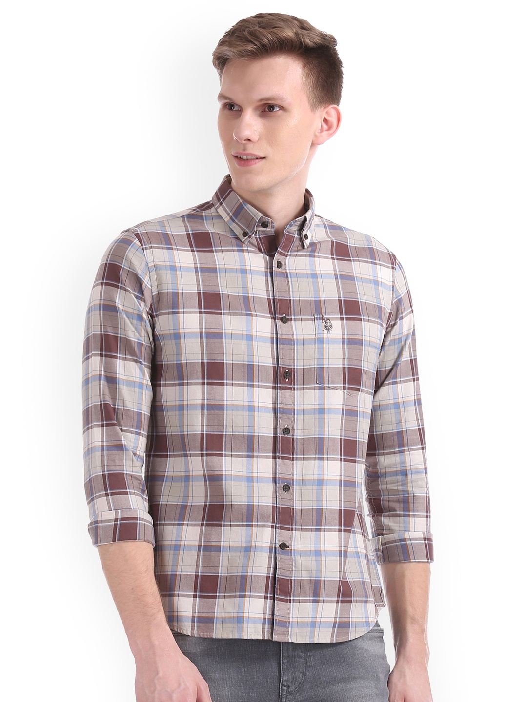 

U.S. Polo Assn. Men Brown & Grey Tailored Fit Checked Casual Shirt