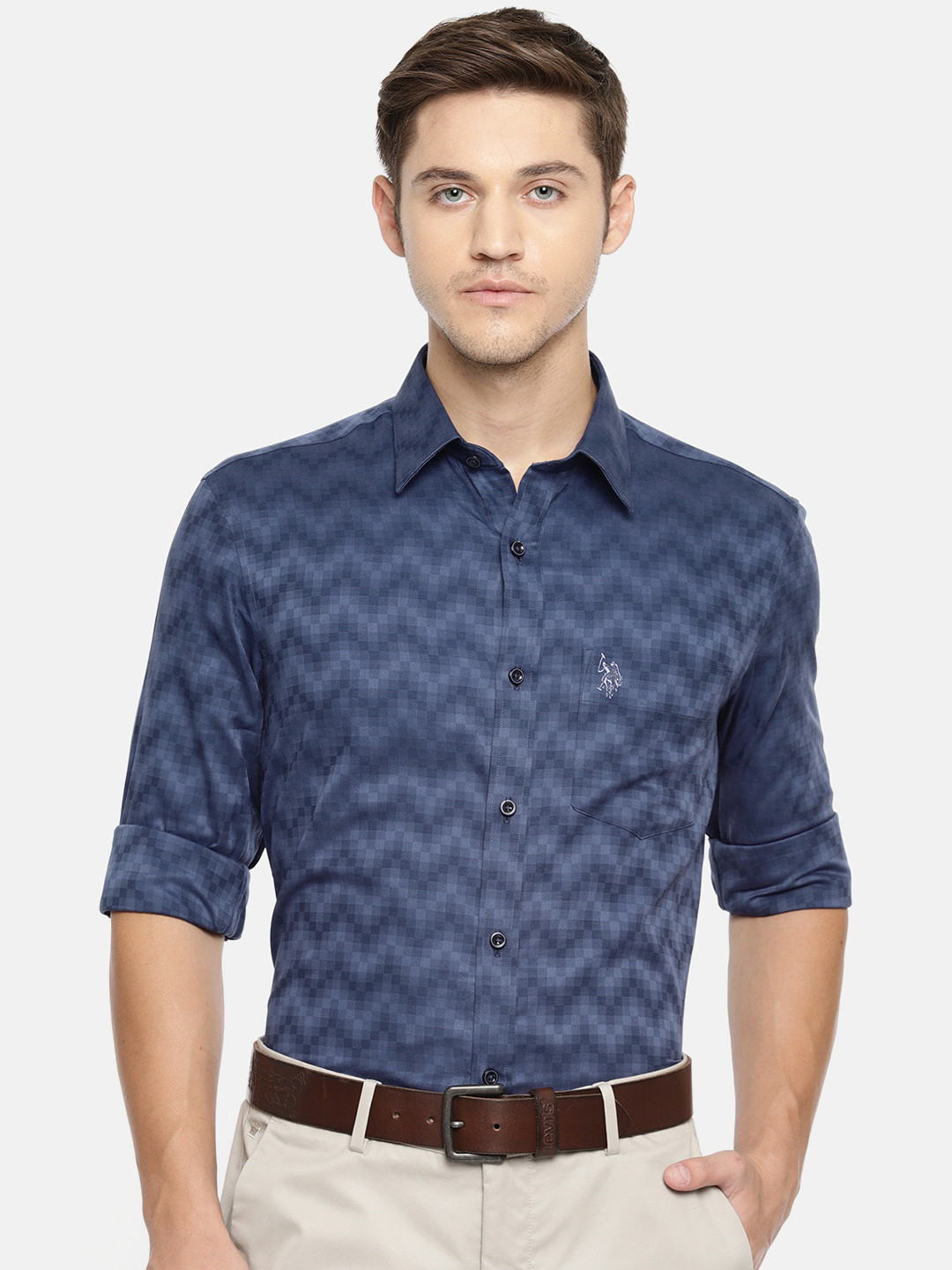 

U.S. Polo Assn. Tailored Men Navy Blue Tailored Fit Checked Smart Casual Shirt