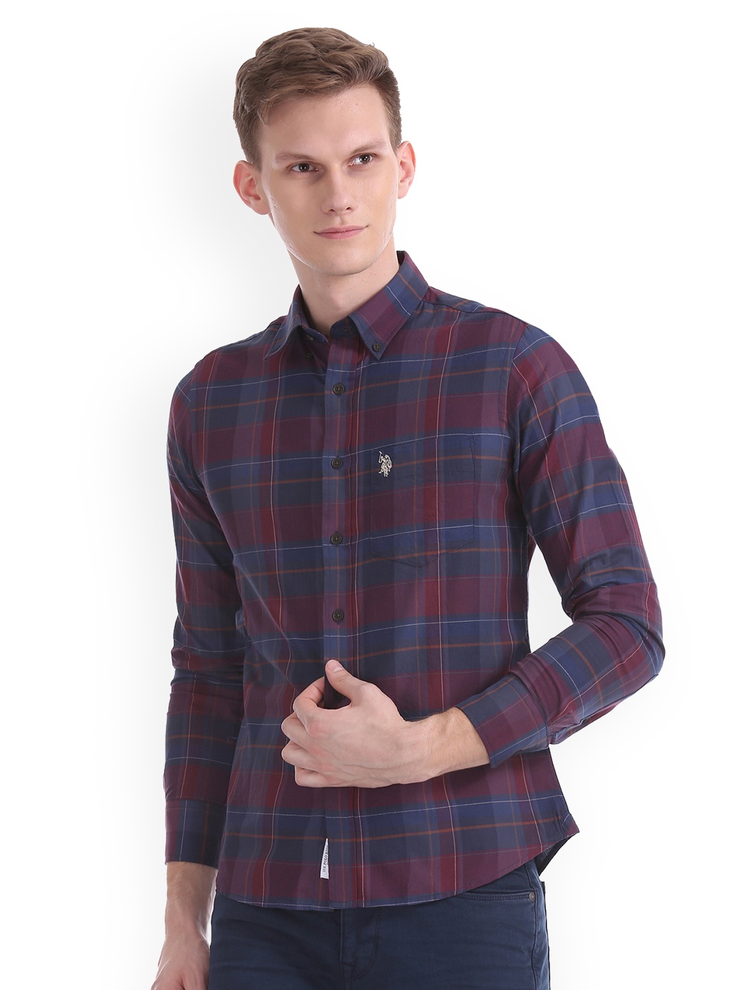

U.S. Polo Assn. Men Navy Blue & Red Regular Fit Checked Casual Shirt