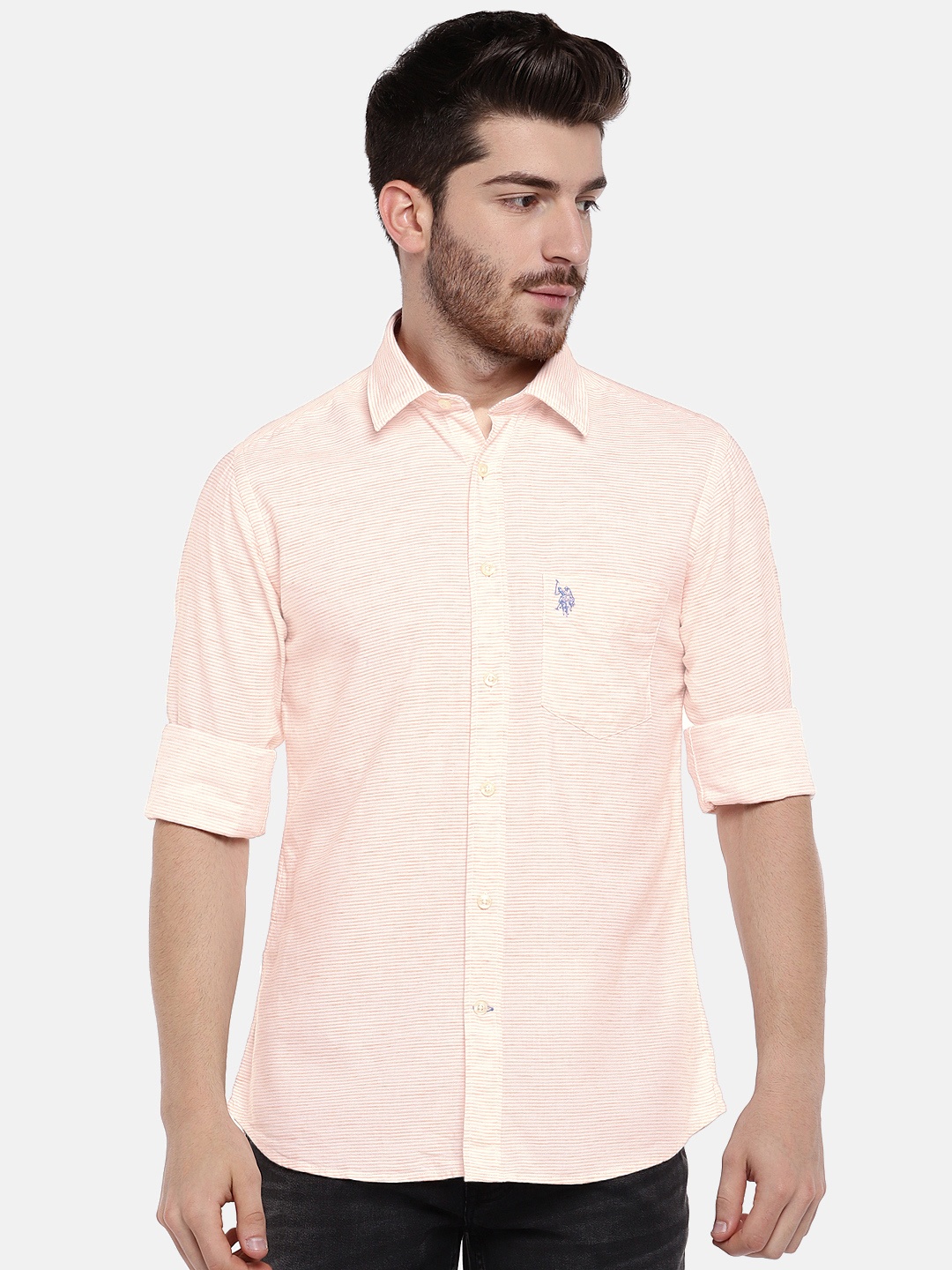 

U.S. Polo Assn. Men Peach-Coloured Regular Fit Self Design Casual Shirt