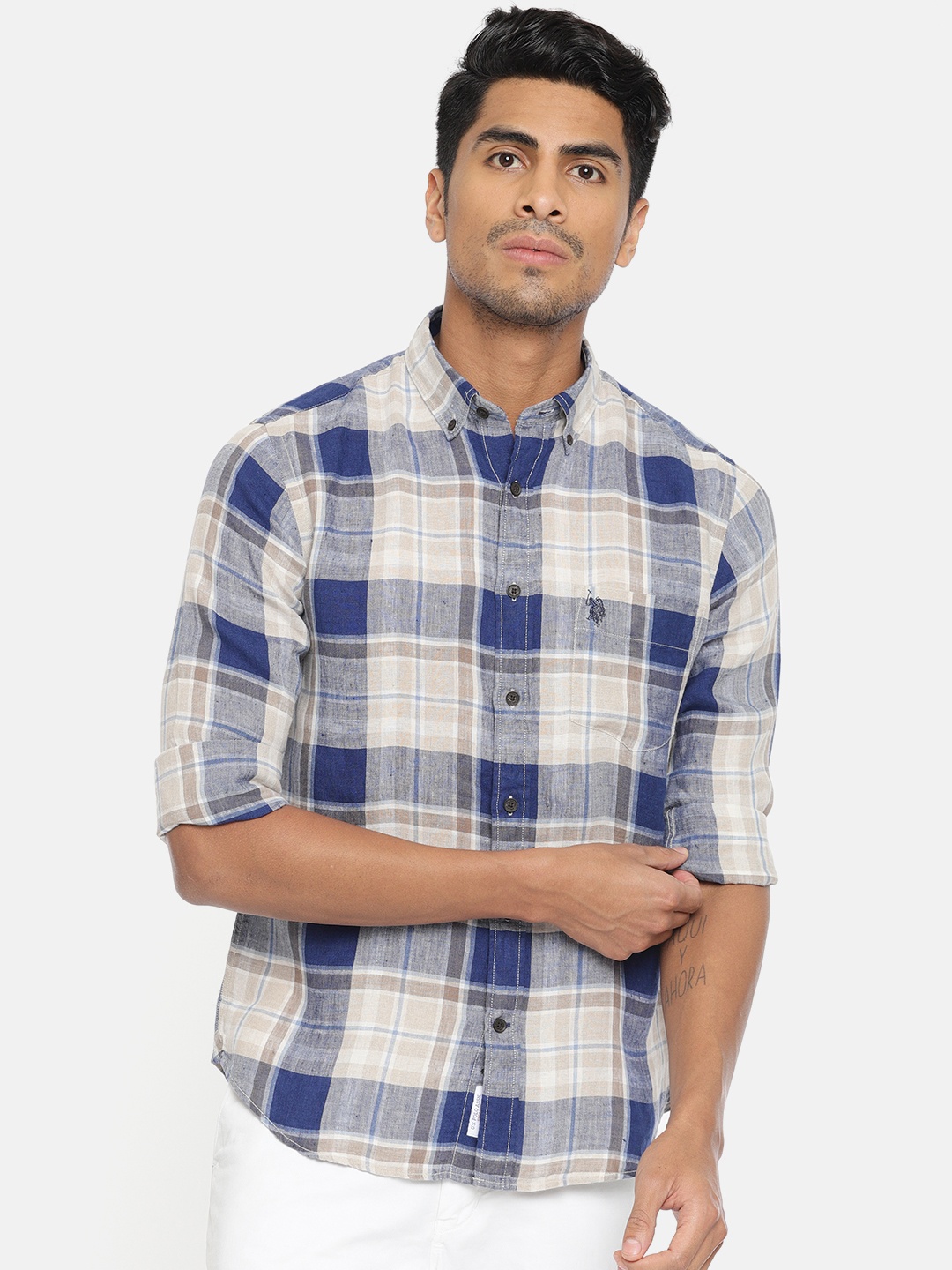 

U.S. Polo Assn. Men Blue & Grey Tailored Fit Checked Linen Casual Shirt