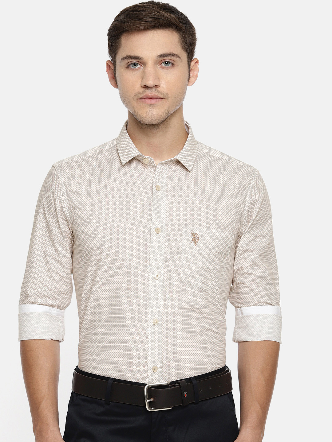 

U.S. Polo Assn. Tailored Men Beige & Off-White Slim Fit Printed Casual Shirt