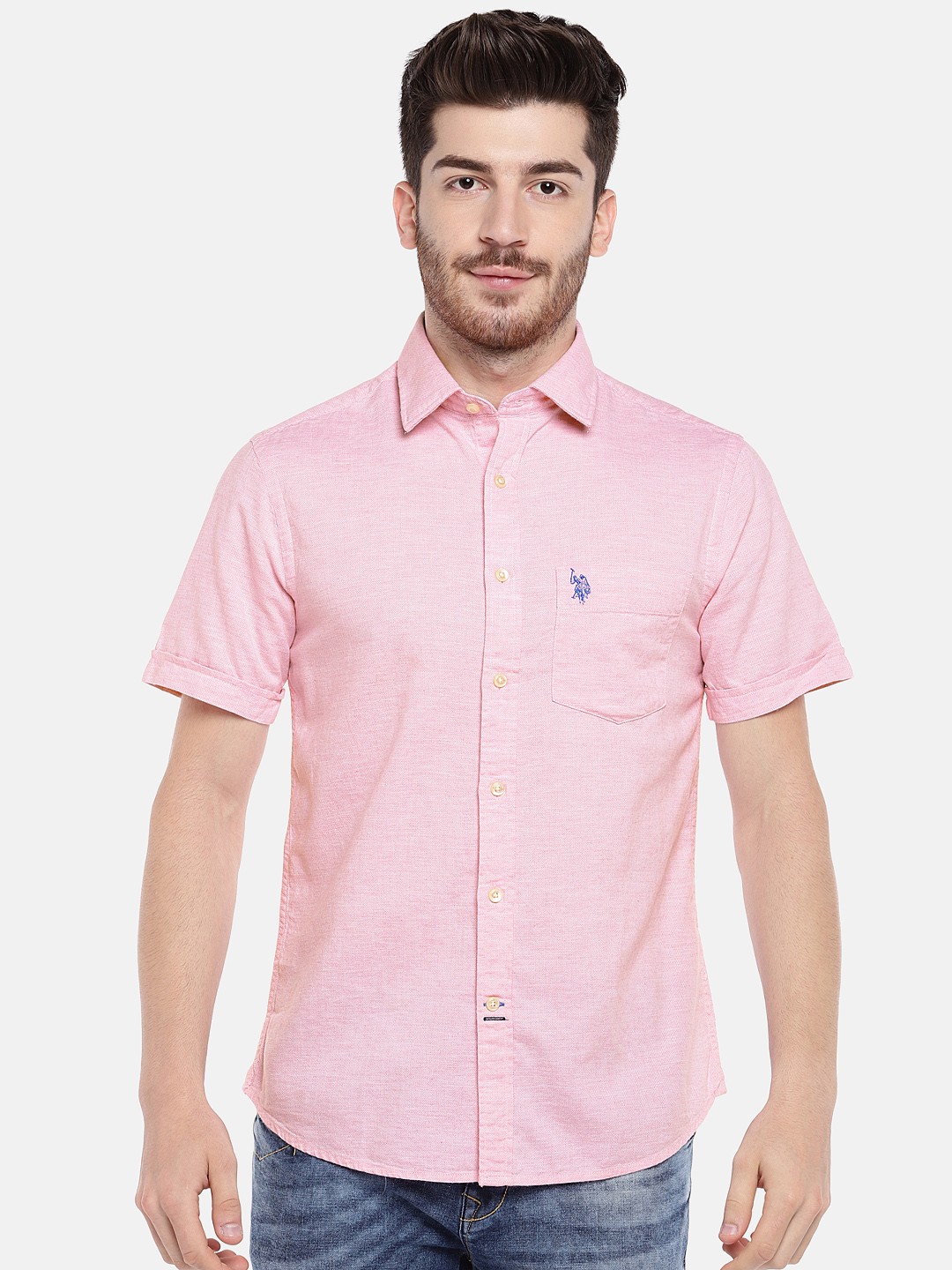 

U.S. Polo Assn. Men Pink Tailored Fit Self Design Casual Shirt