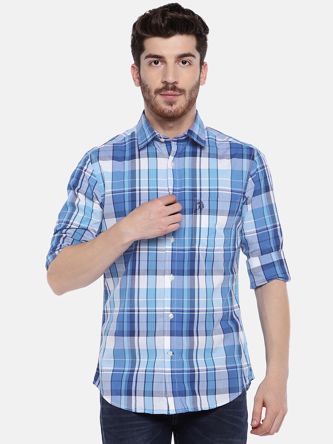 

U.S. Polo Assn. Men Blue & White Tailored Fit Checked Casual Shirt