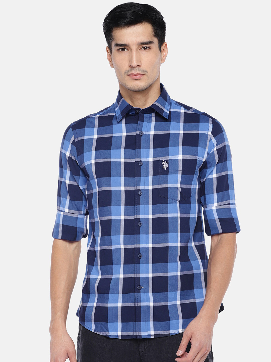 

U.S. Polo Assn. Men Blue & Navy Blue Tailored Fit Checked Casual Shirt