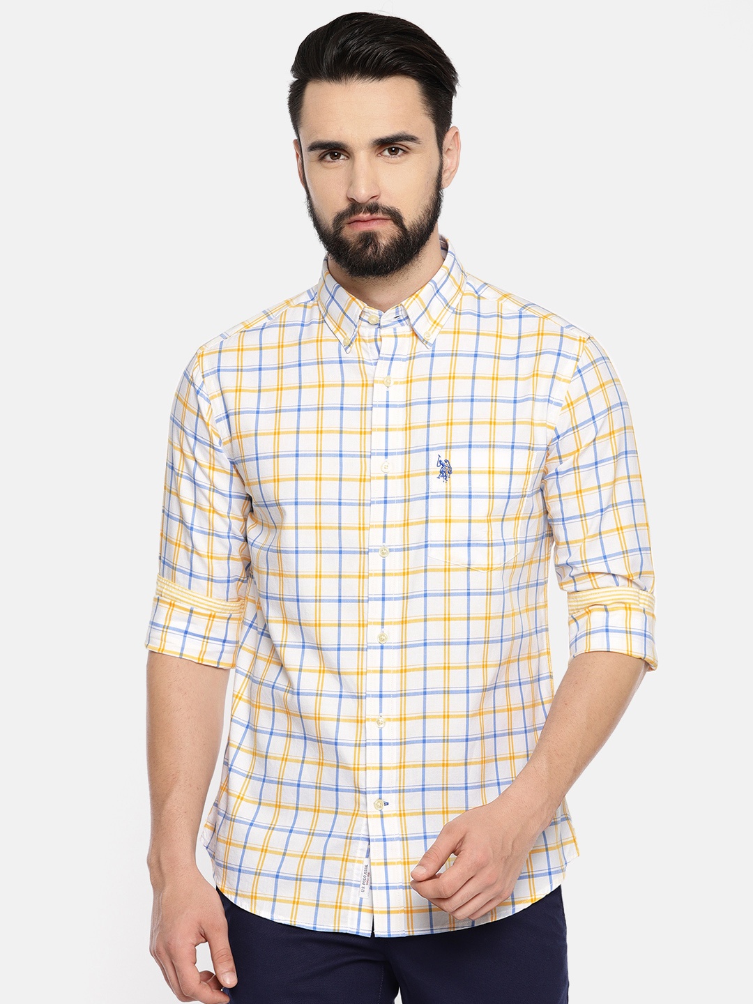 

U.S. Polo Assn. Men White & Yellow Tailored Fit Checked Casual Shirt