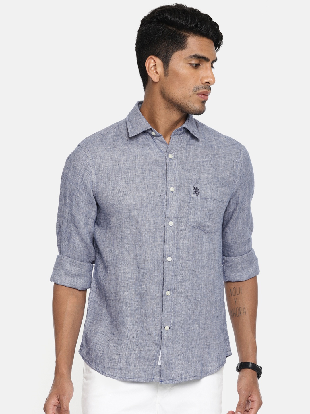 

U.S. Polo Assn. Men Blue Tailored Fit Solid Linen Casual Shirt