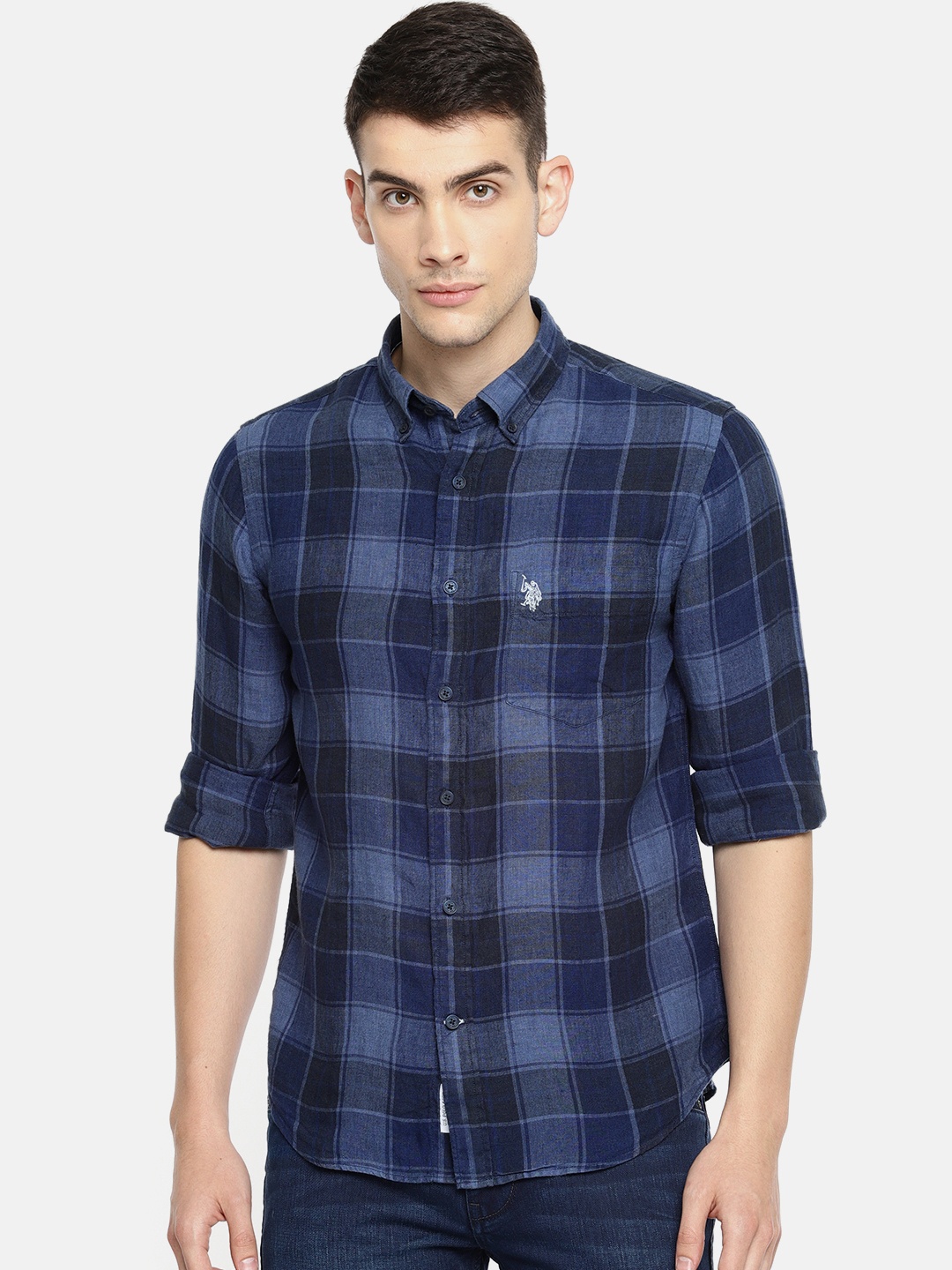 

U.S. Polo Assn. Men Navy Blue Tailored Fit Checked Linen Casual Shirt