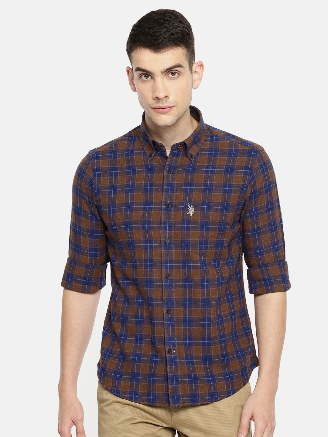 

U.S. Polo Assn. Men Blue & Brown Tailored Fit Checked Casual Shirt