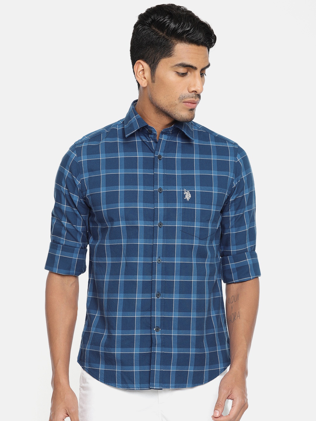 

U.S. Polo Assn. Men Blue & White Regular Fit Checked Casual Shirt