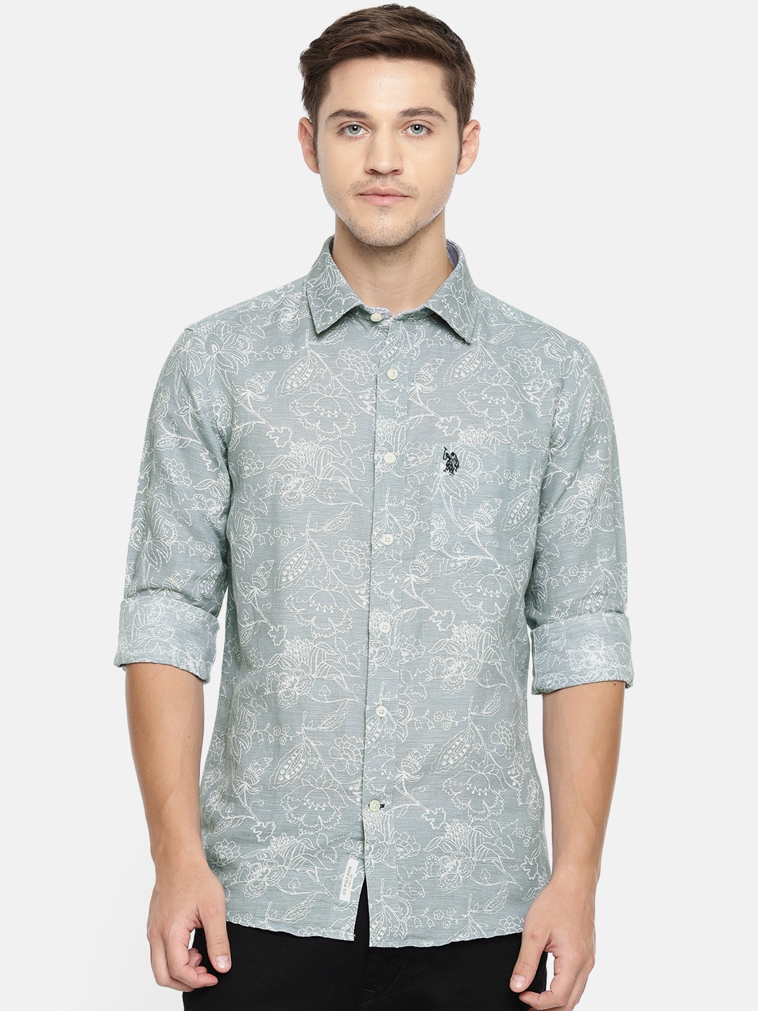 

U.S. Polo Assn. Men Grey & White Tailored Fit Printed Casual Shirt