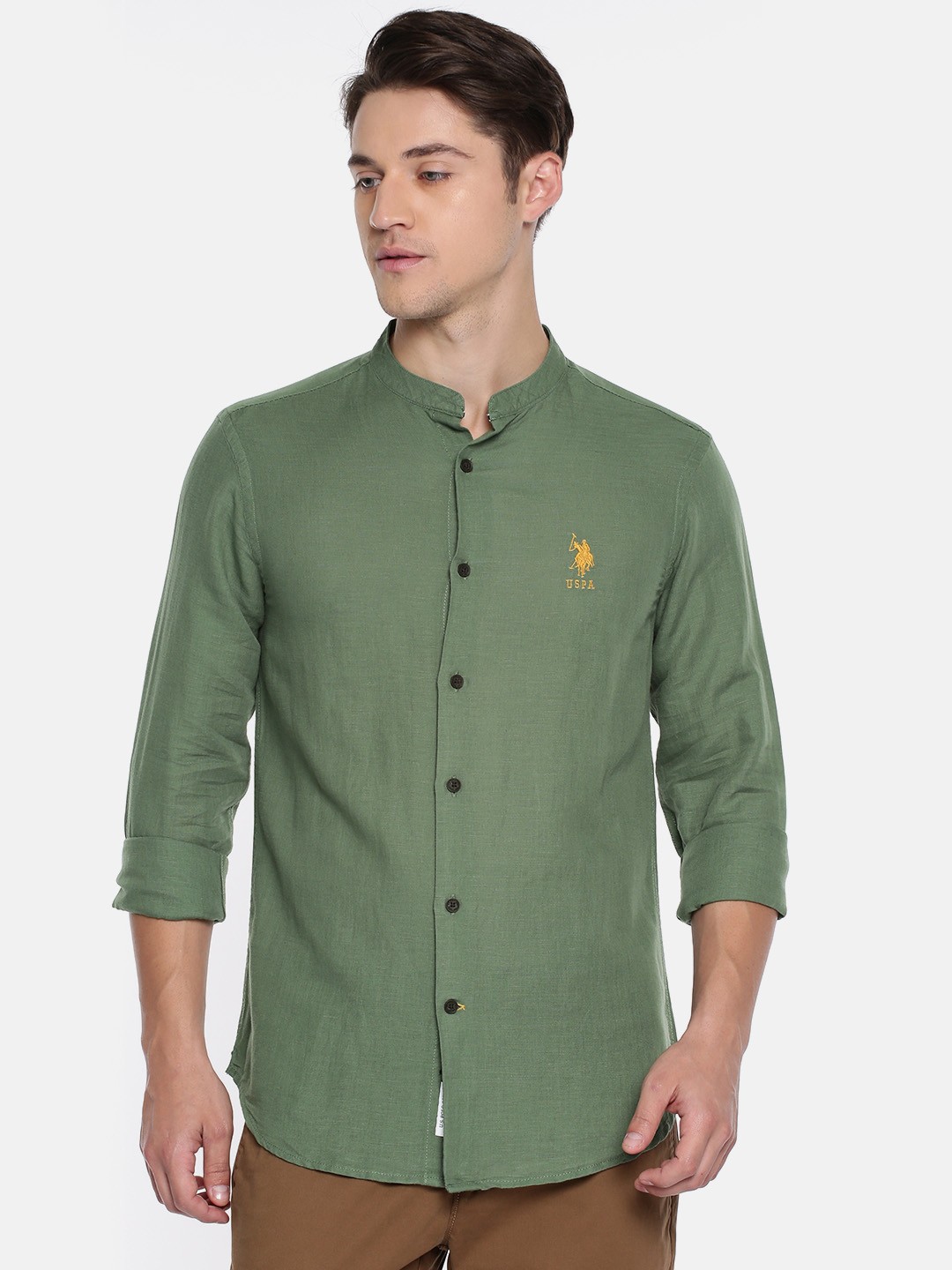 

U.S. Polo Assn. Men Olive Green Tailored Fit Solid Casual Shirt