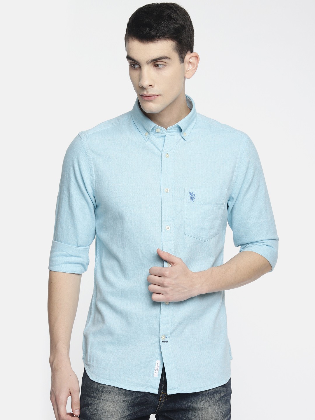

U.S. Polo Assn. Men Blue & White Tailored Fit Self Design Casual Shirt